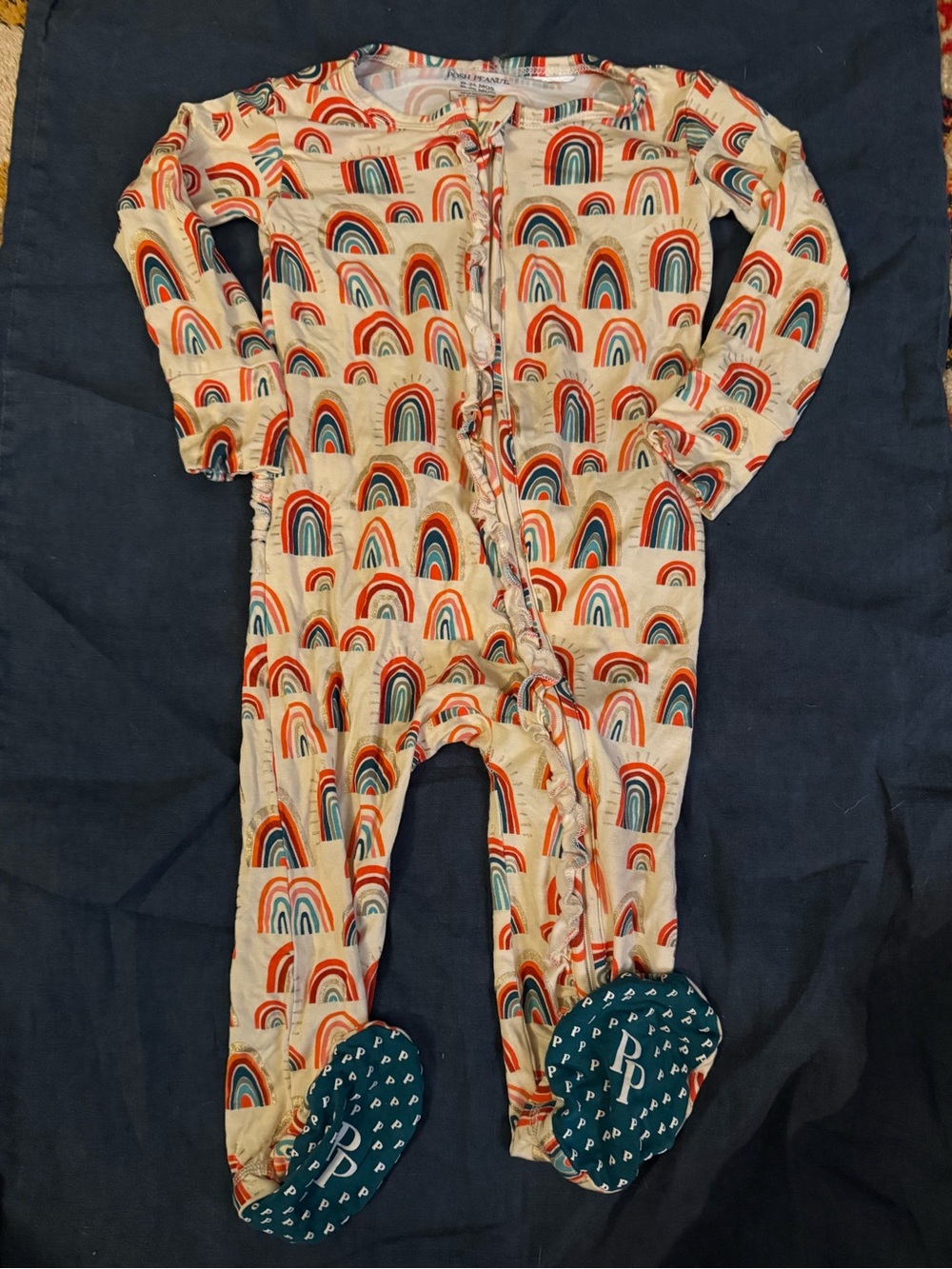 Posh Peanut Cream Rainbow Print Footie with Teal Soles